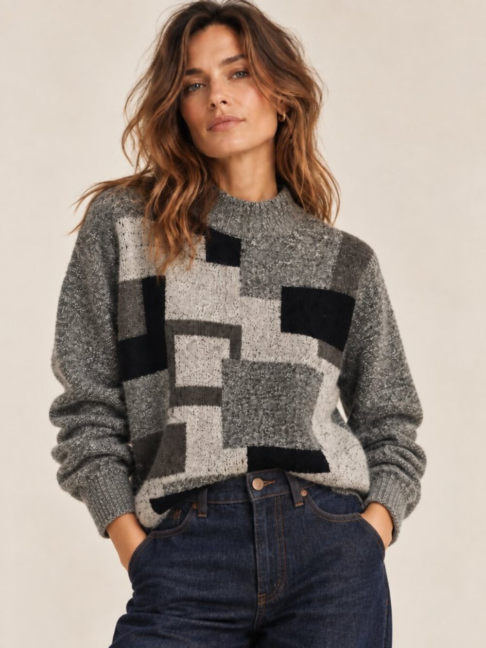 Vintage Wool Silk Angora Mohair Geometric Print Segue Grey Mock Neck Sweater